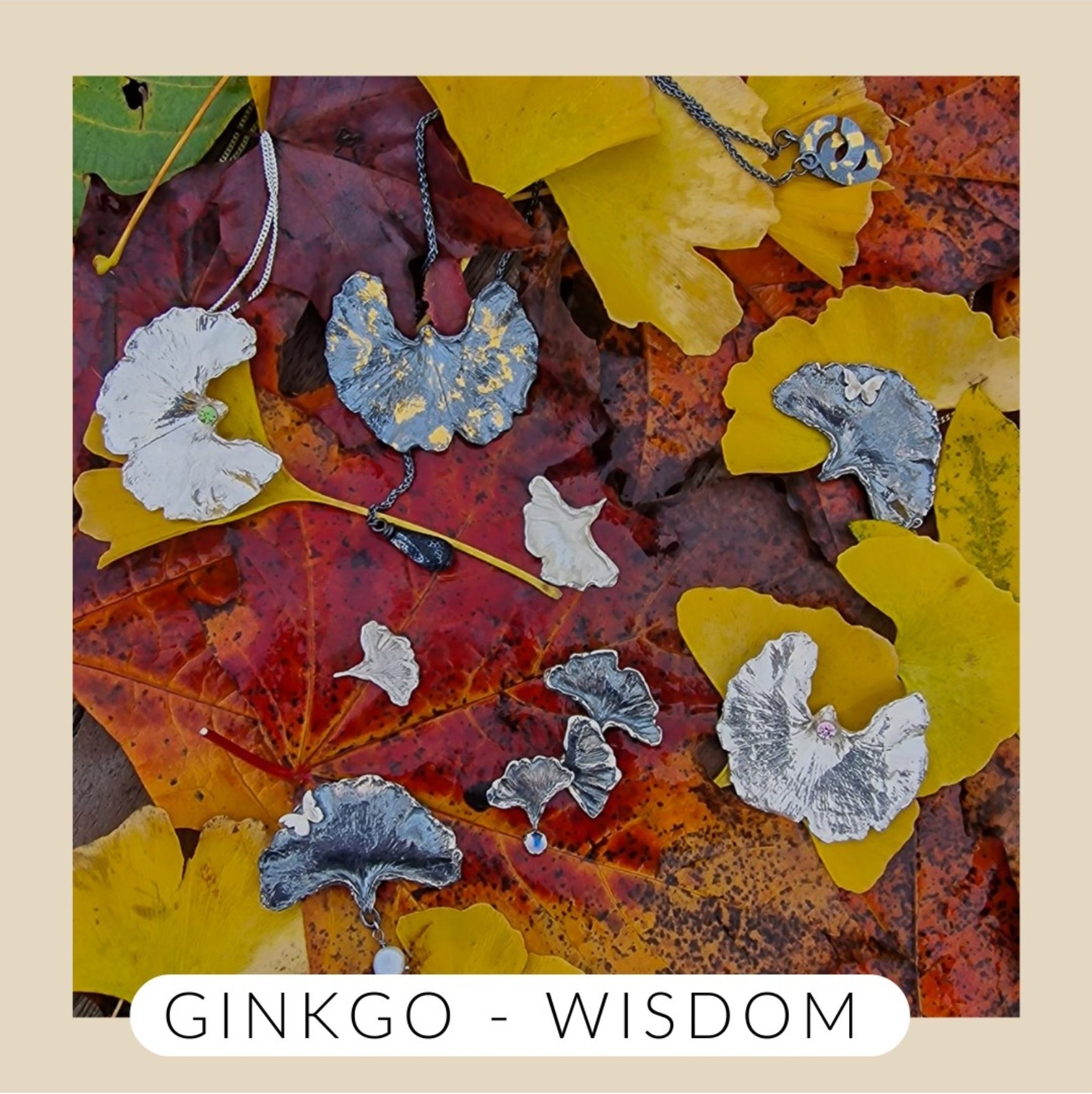 Verzameling van zilveren juwelen met ginkgo bladeren - herfstafereel